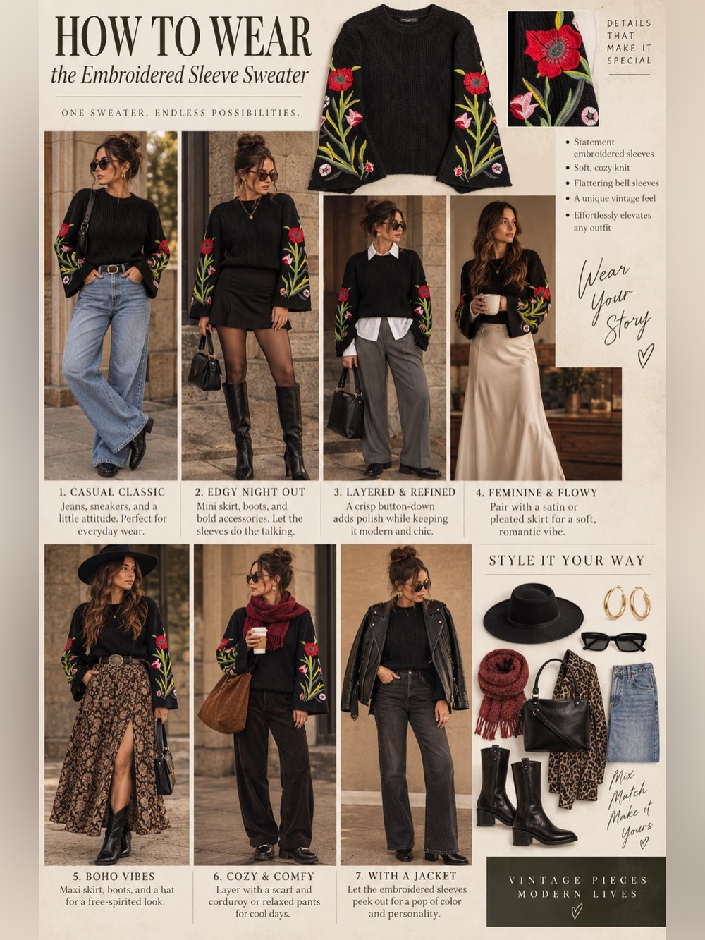 Romeo + Juliet Couture Black Floral Embroidered Bell Sleeve Sweater S Boho